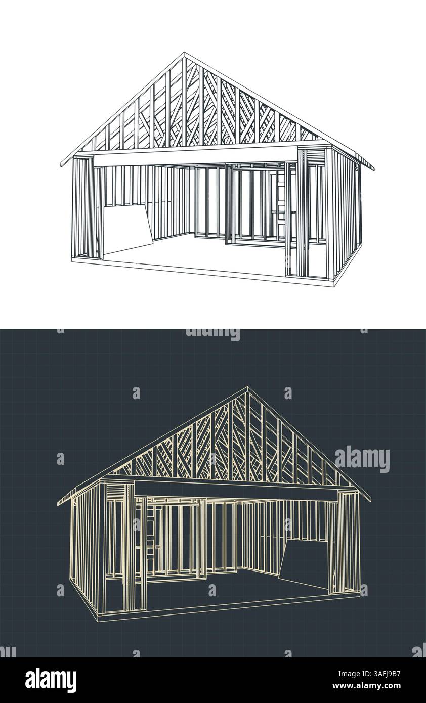 Timber frame house under construction blueprints stylized vector ...