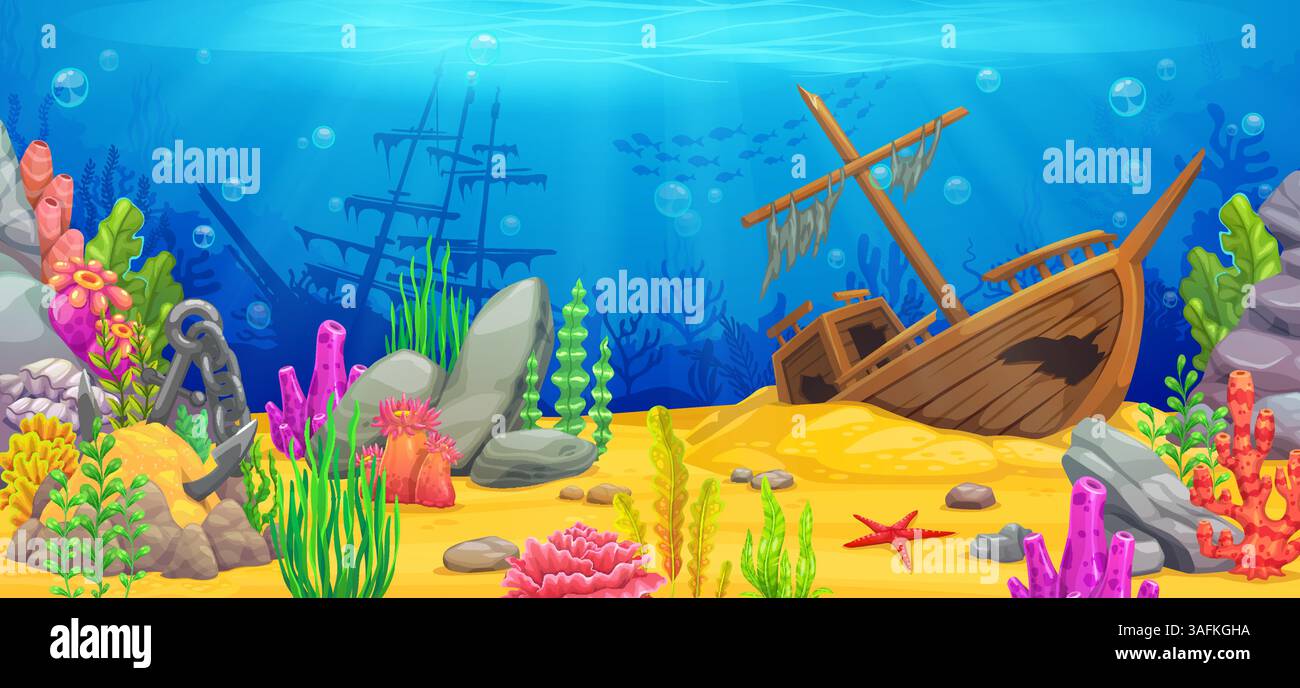 Underwater sea landscape with sunken pirate ships, algae seaweeds and ...