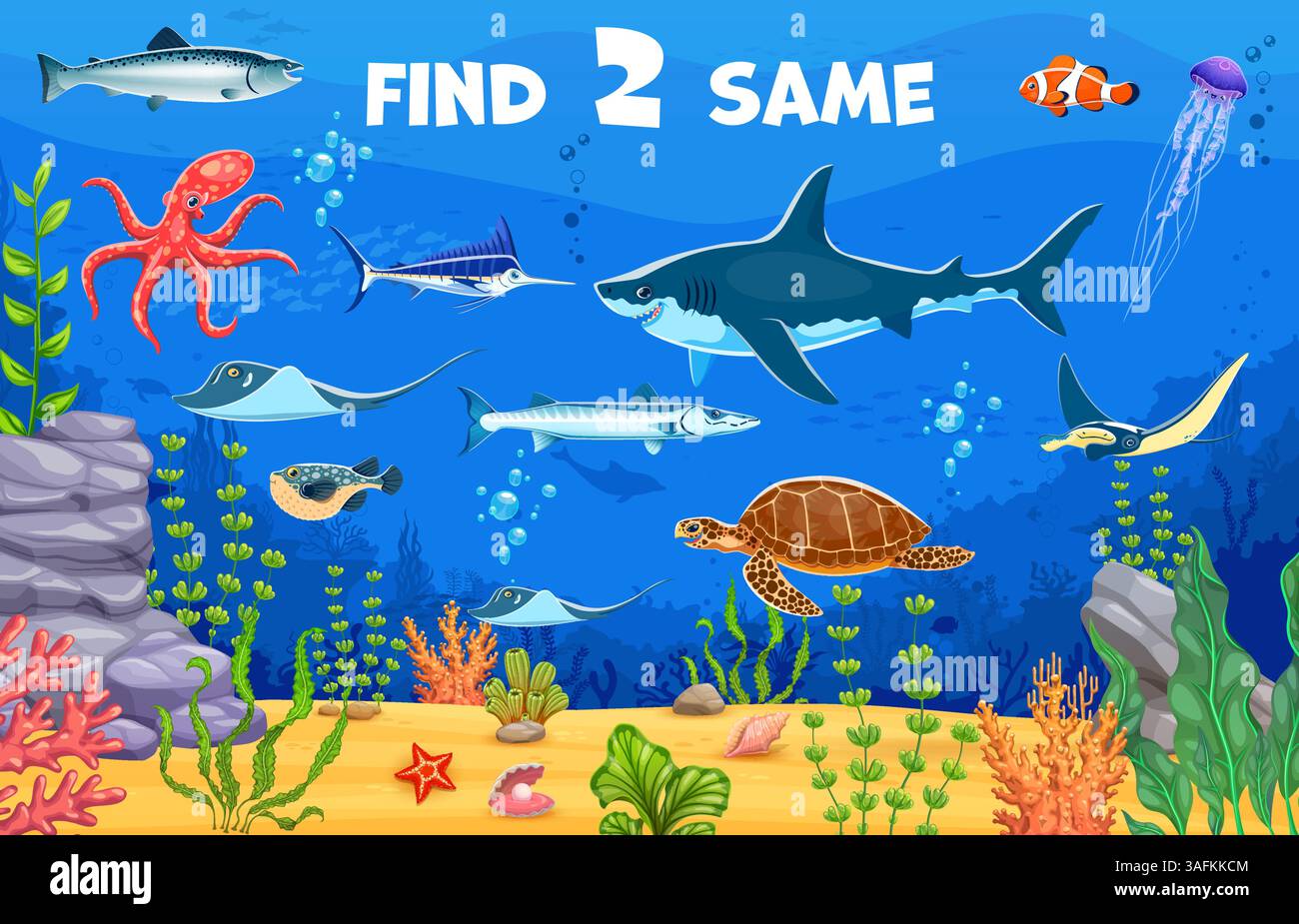 Kids game worksheet, find two same underwater sea animals. Cartoon ...