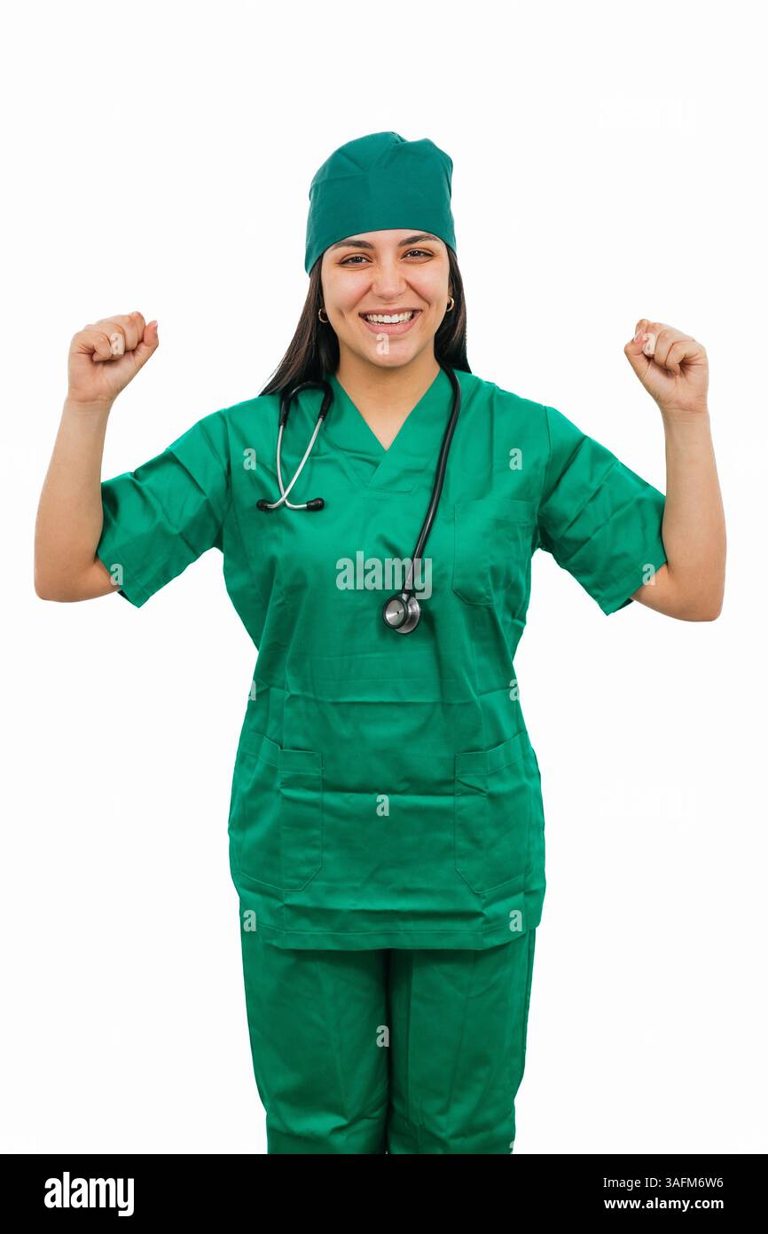 Young Latin female surgeon wearing green scrubs and a stethoscope ...