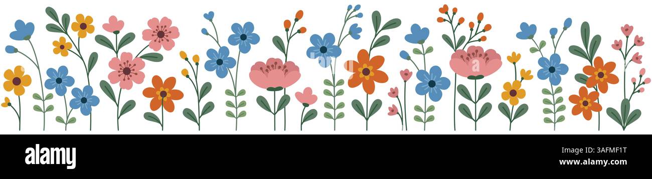 Horizontal seamless border with bright spring flowers. Flowers pattern ...
