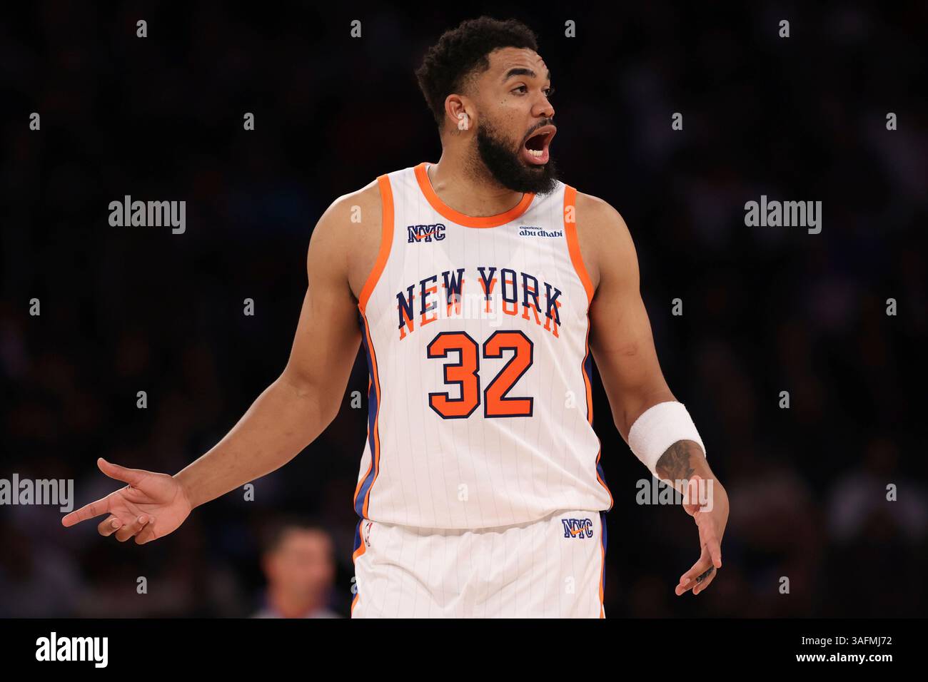 New York Knicks' Karl-Anthony Towns yells on the court during the ...