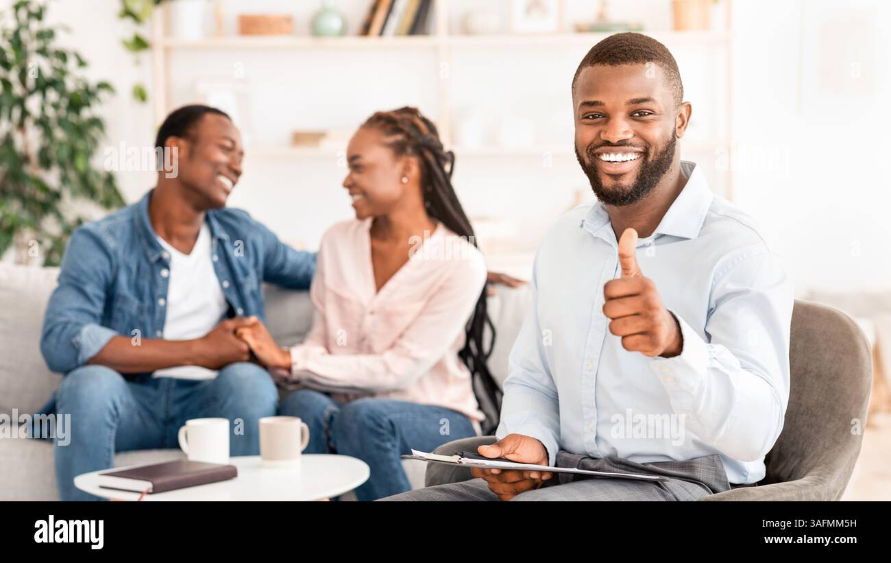 Successful Therapy. Psychologist Gesturing Thumb Up While Happy Couple ...