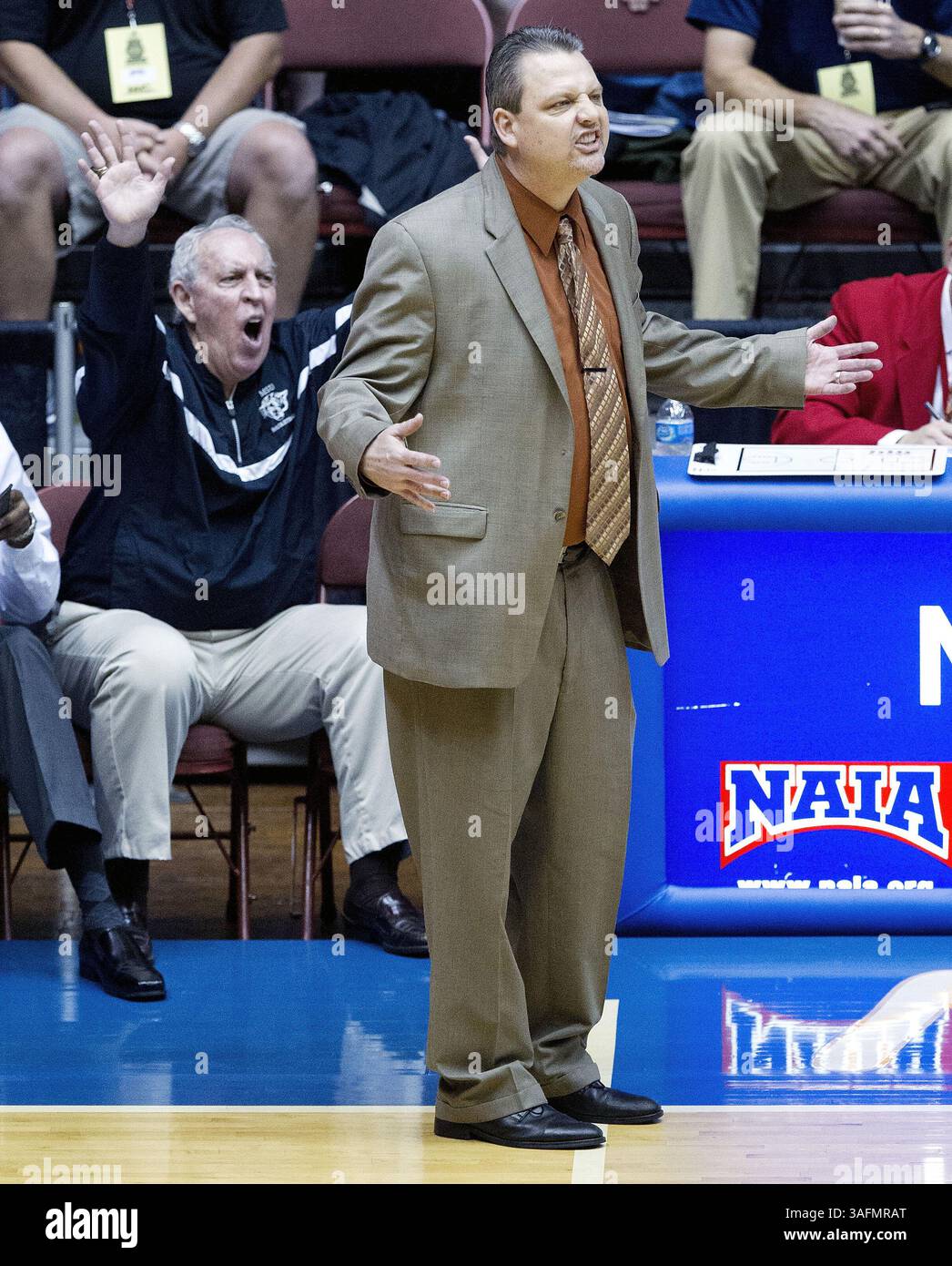 March 19, 2012 - Kansas City, MO, USA - Mountain State head coach Bob Bolen reacted to a call against his team during Monday's NAIA Division I semifinal basketball game against Oklahoma Baptist University at Municipal Auditorium in Kansas City, Missouri, on March 19, 2012. Oklahoma Baptist won, 77-56. (Credit Image: © John Sleezer/Kansas City Star/MCT/ZUMAPRESS.com) Stock Photo