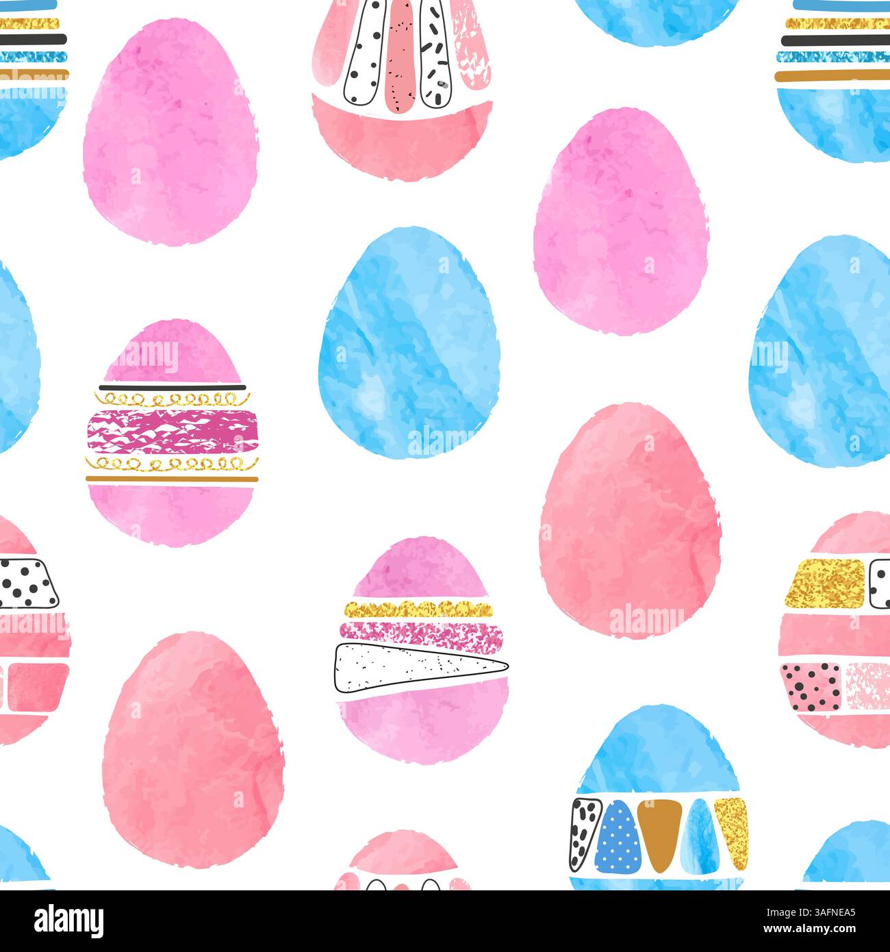 Easter eggs semless pattern. Vector print with watercolor decorated eggs Stock Vector
