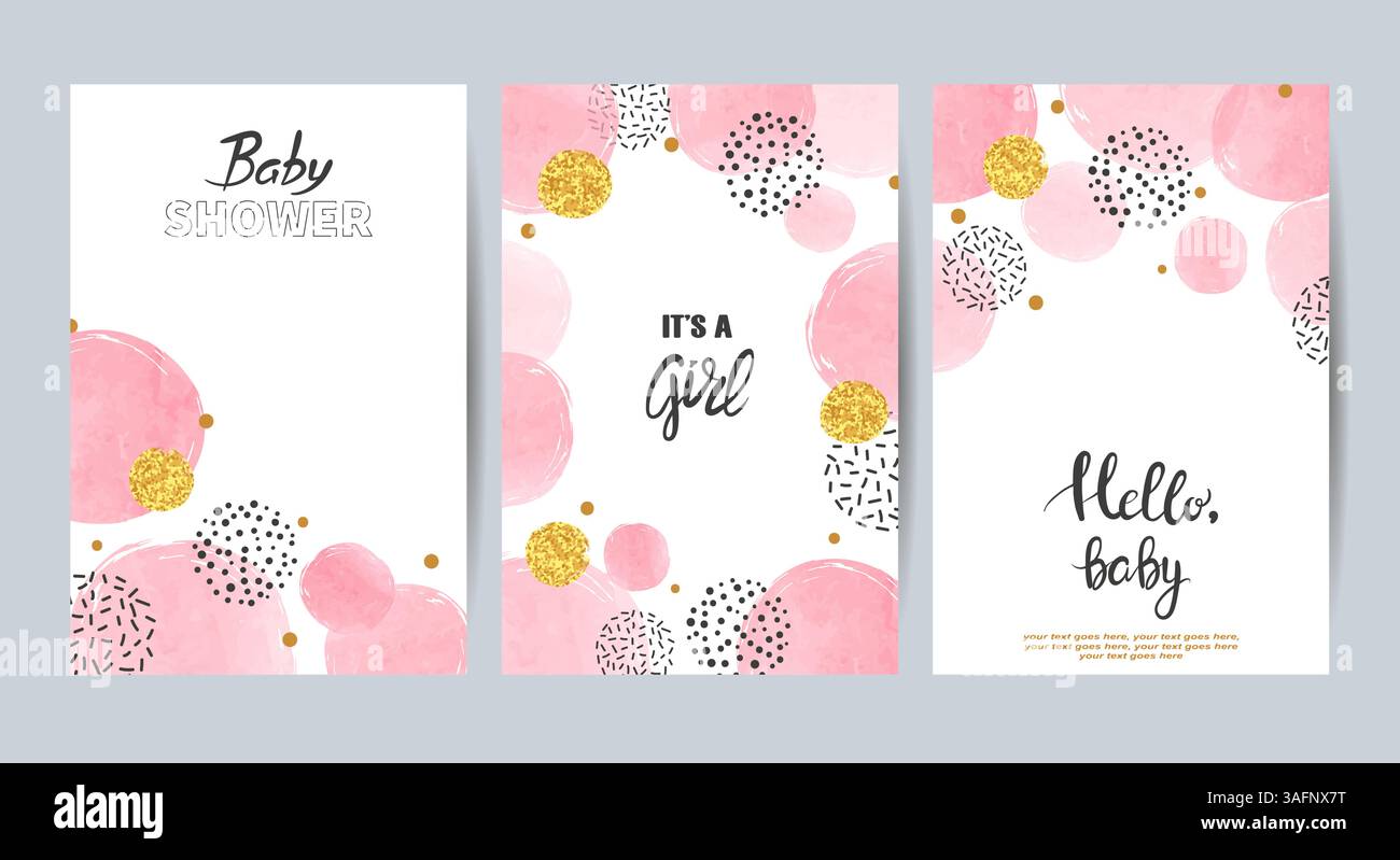 Baby shower girl cards set. Vector invitation birthday party card ...