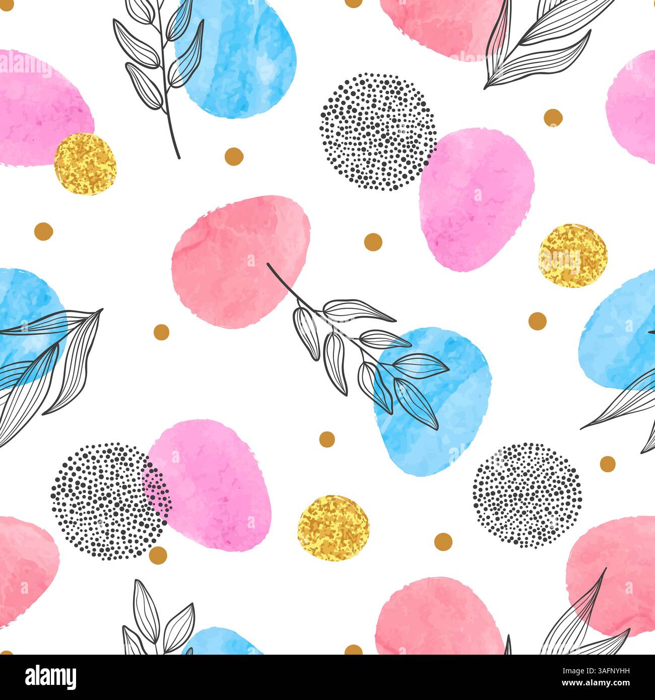 Seamless Easter pattern with watercolor eggs and doodle floral elements Stock Vector