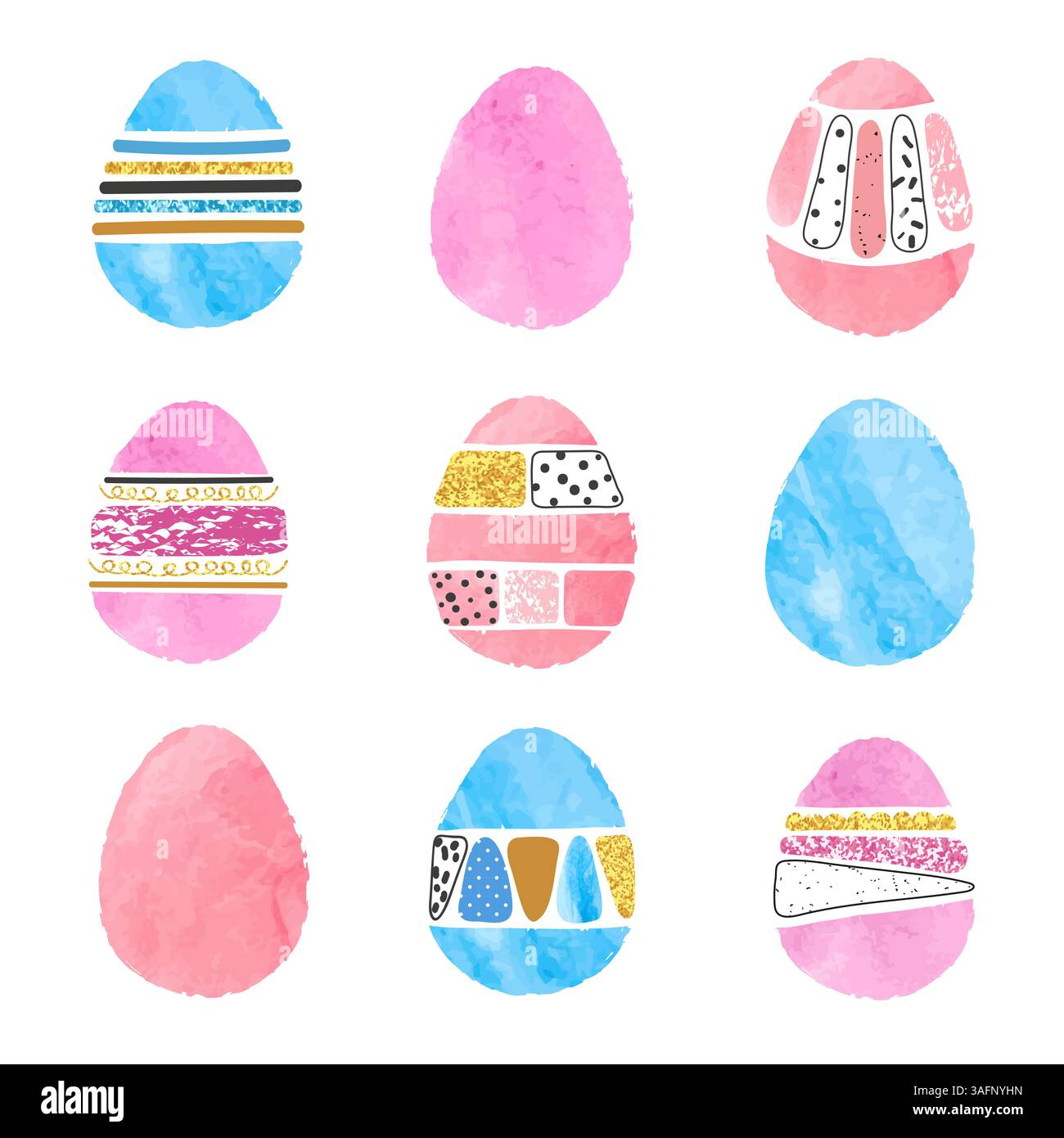 Easter eggs set. Watercolor vector illustration of  watercolor deorated eggs Stock Vector