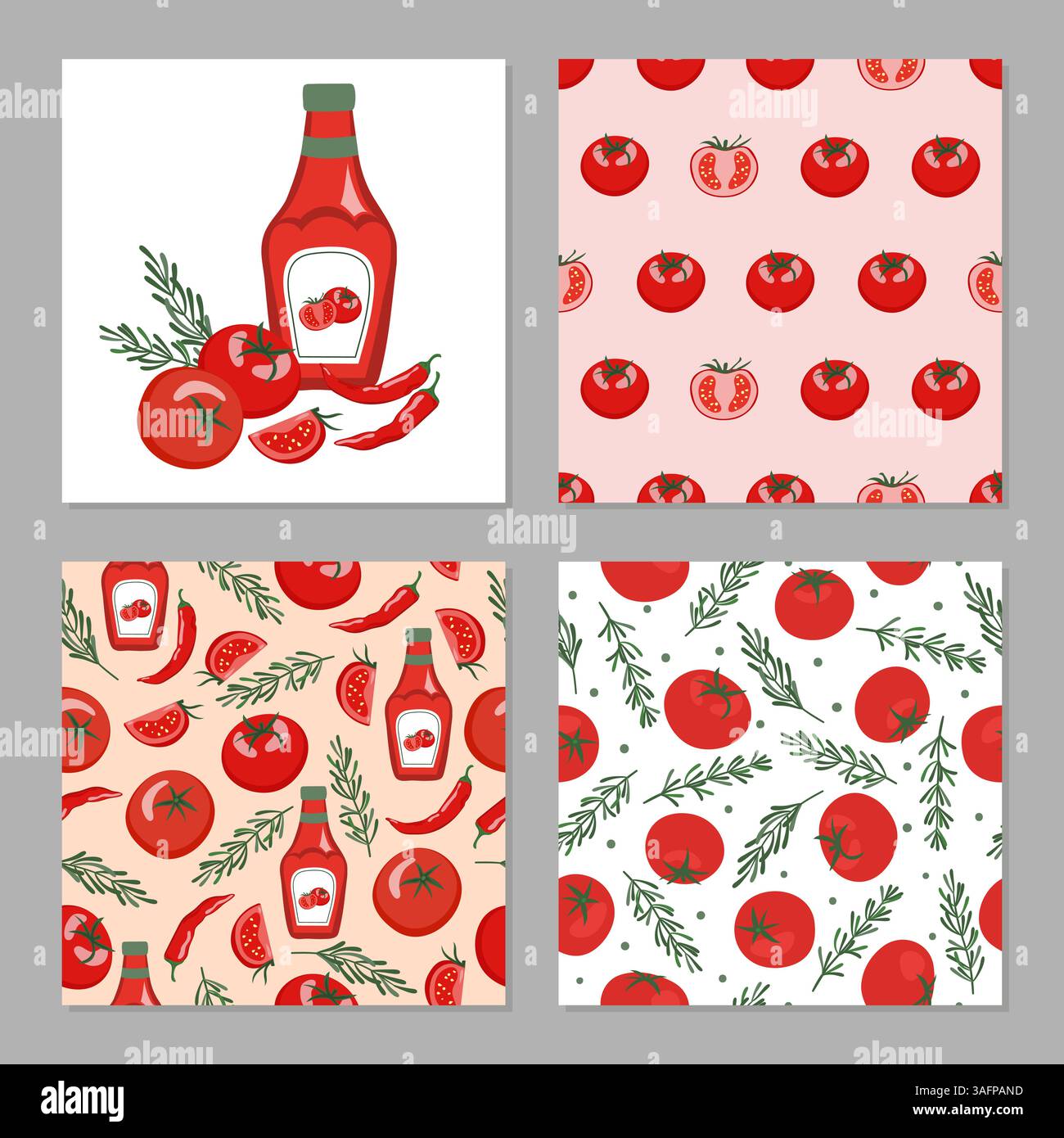 Ketchup sauce vector set. Tomatoes, chili pappers seamless pattern Stock Vector