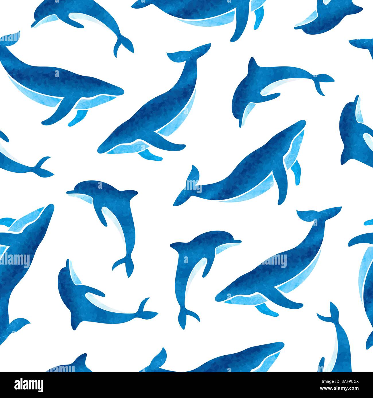 Seamless vector pattern with watercolor whales and dolphins. Veector nautical theme print Stock Vector