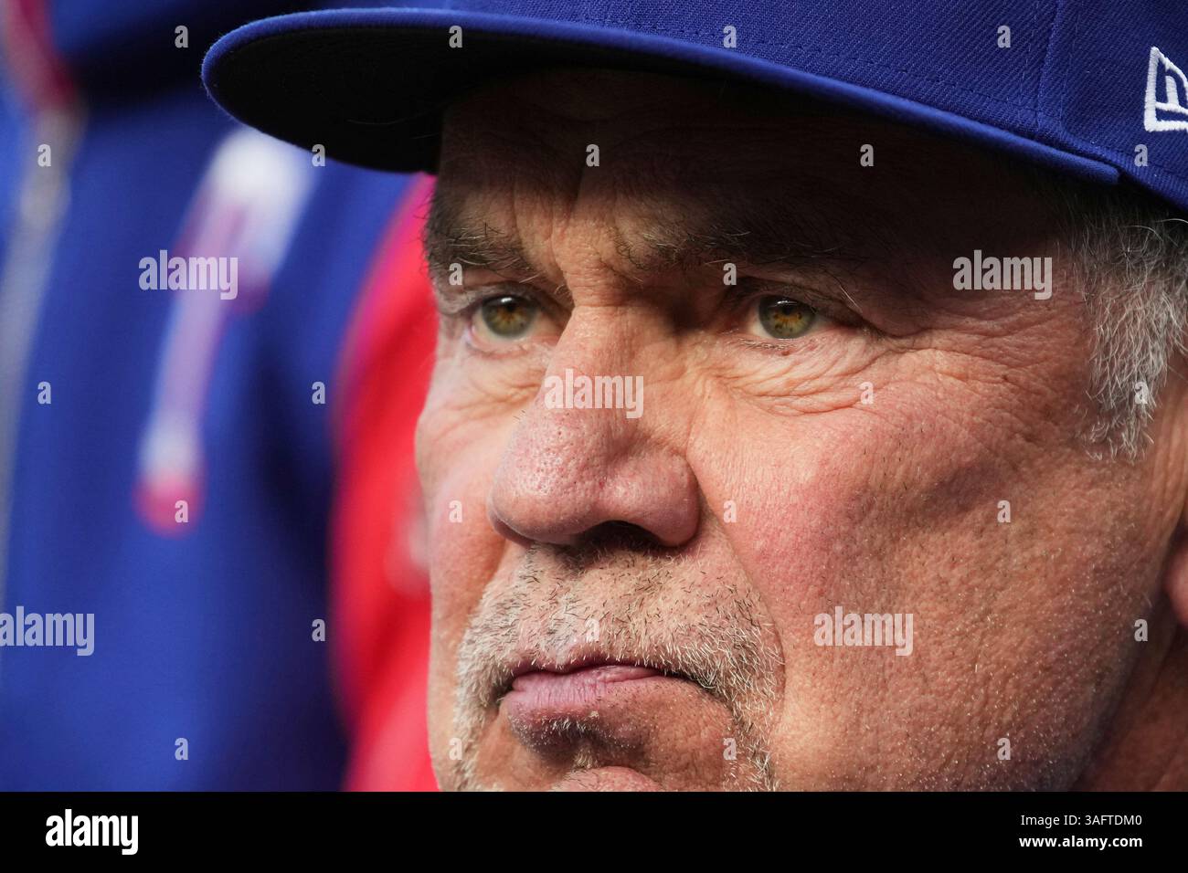 Texas Rangers manager Bruce Bochy watches players during the first ...