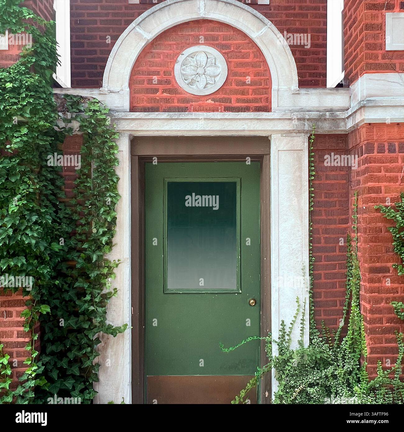 Tucked behind ivy and red brick, this green door with frosted glass feels like a secret entrance quietly waiting in the heart of the city - Smartphone Captured Stock Image