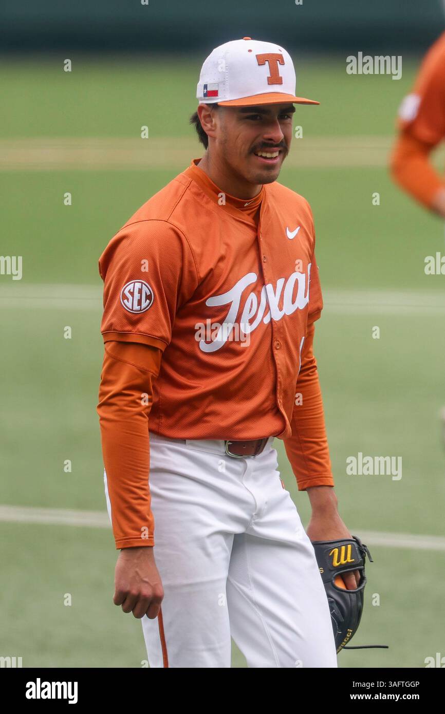 AUSTIN, TX - APRIL 06: Texas pitcher Ruger Riojas (13) smiles as he ...
