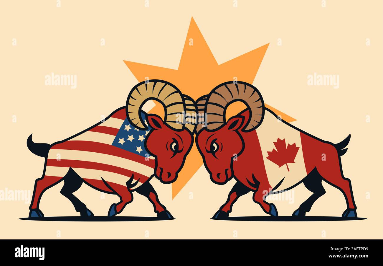 Two Rams Colliding Design USA Canada trade war illustration featuring two rams with American and ...