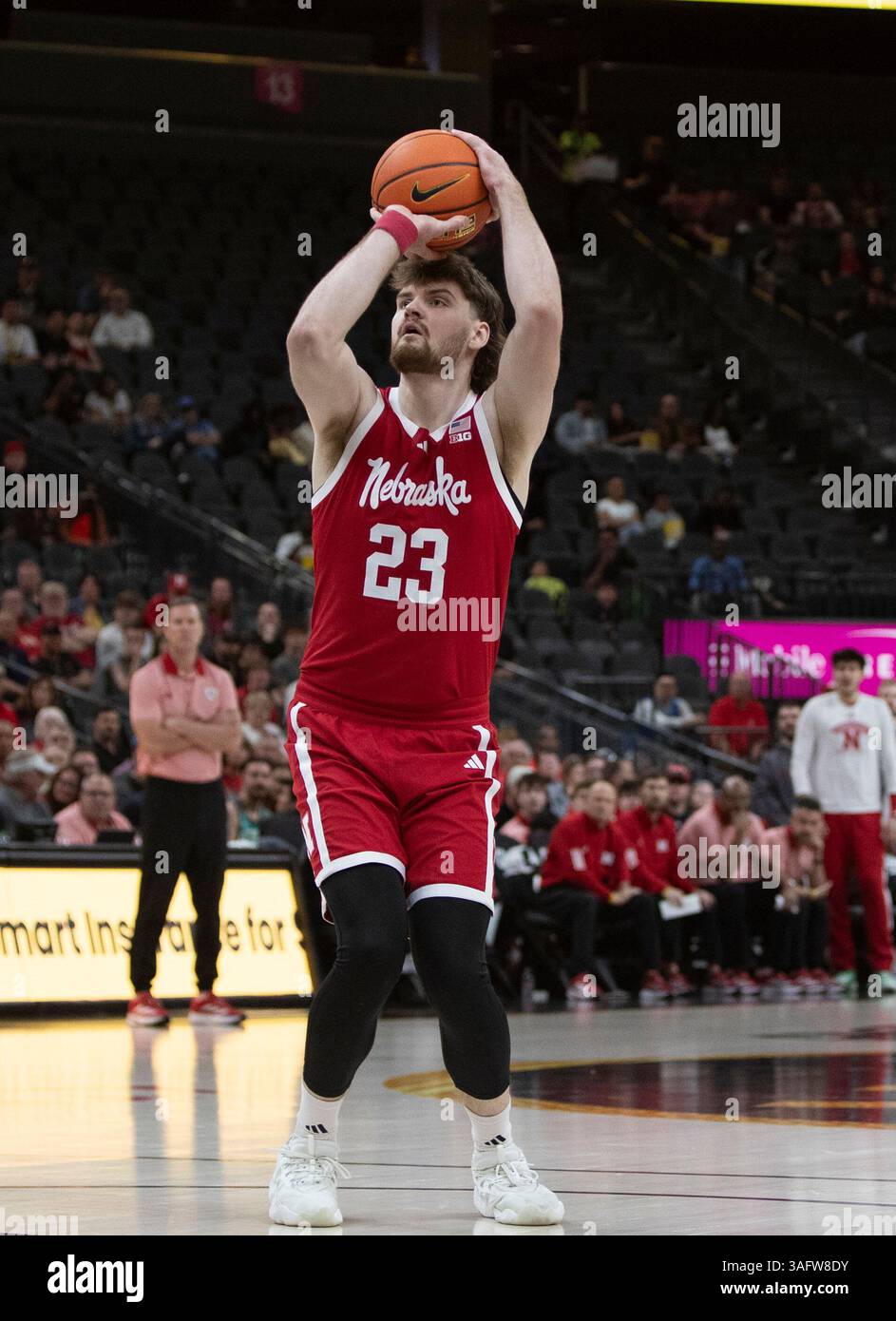 April 06 2025 Las Vegas, NV U.S.A. Nebraska forward Andrew Morgan (23)shoots the ball during the NCAA Men's College Basketball Crown Championship game between University of Central Florida Knights and the Nebraska Cornhuskers. Nebraska beat UCF 77-66 at T-Mobile Arena Las Vegas, NV. Thurman James/CSM (Credit Image: © Thurman James/Cal Sport Media) Stock Photo