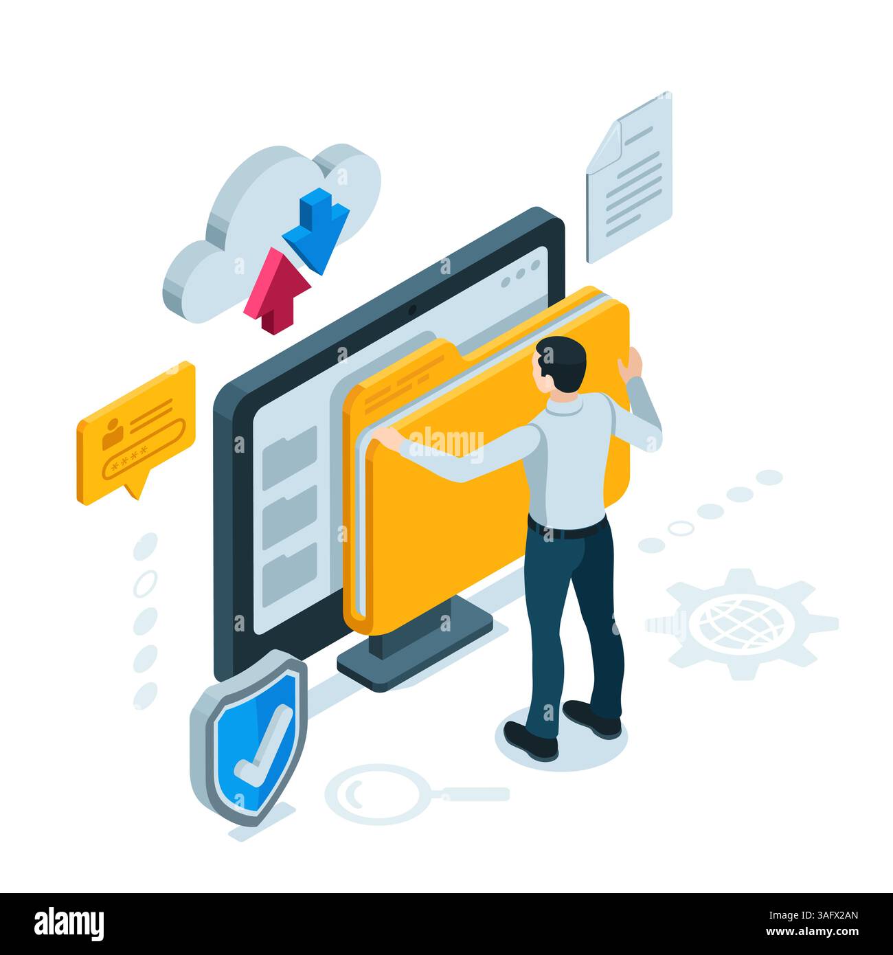 isometric man with a folder near the computer in color on a white background, working with data or uploading to the cloud Stock Vector