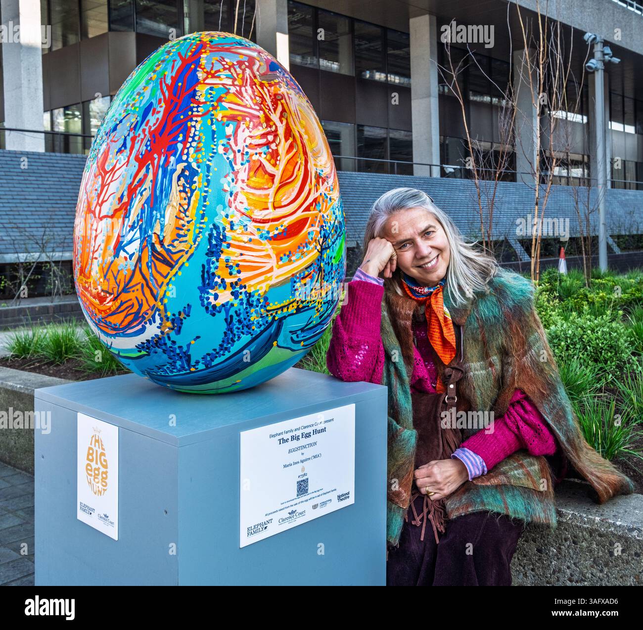 Maria Ines Aquirre with her artwork Eggstinction on display at