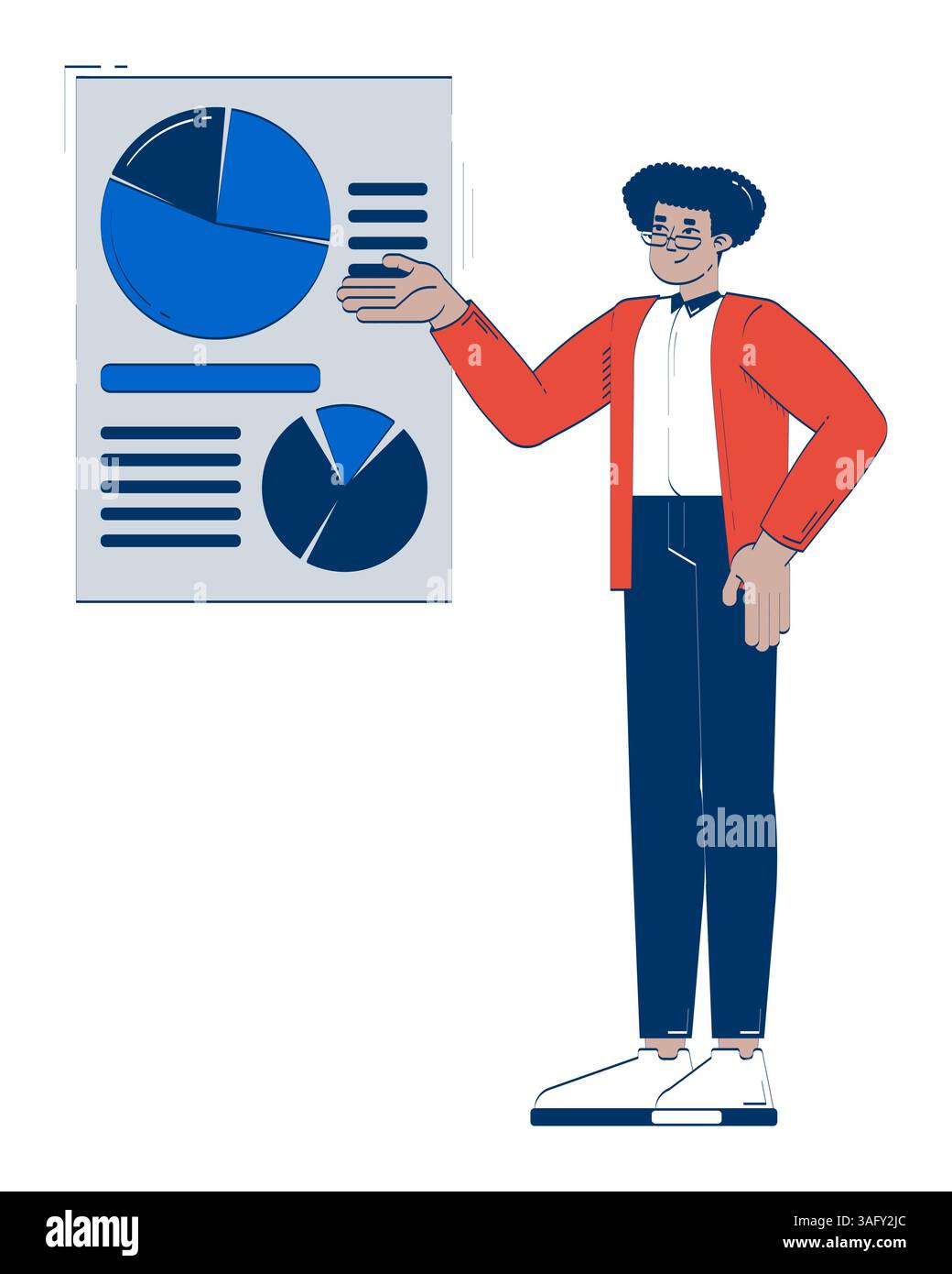 Hispanic male employee presenting pie charts and data visualization 2D doodle character Stock Vector