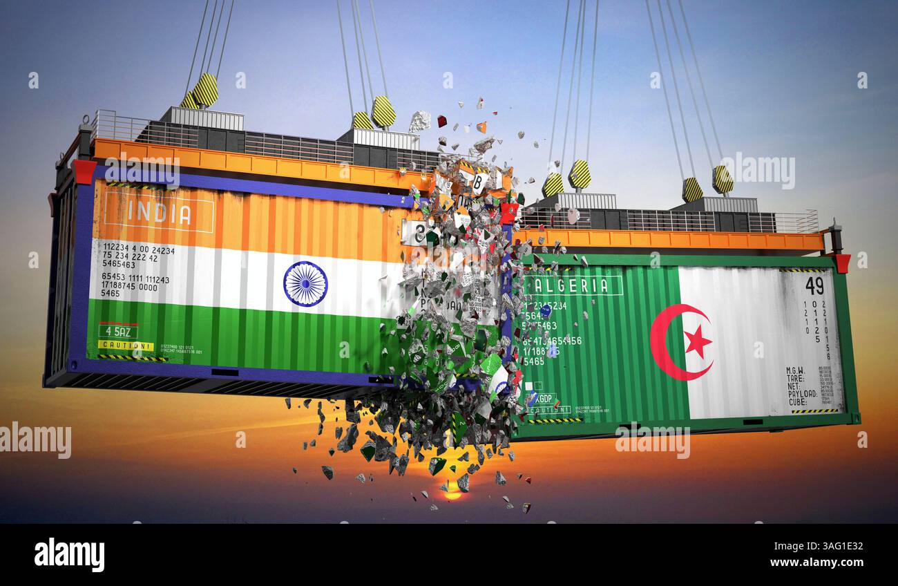 Cargo containers with flags of India and Algeria - 3D illustration ...