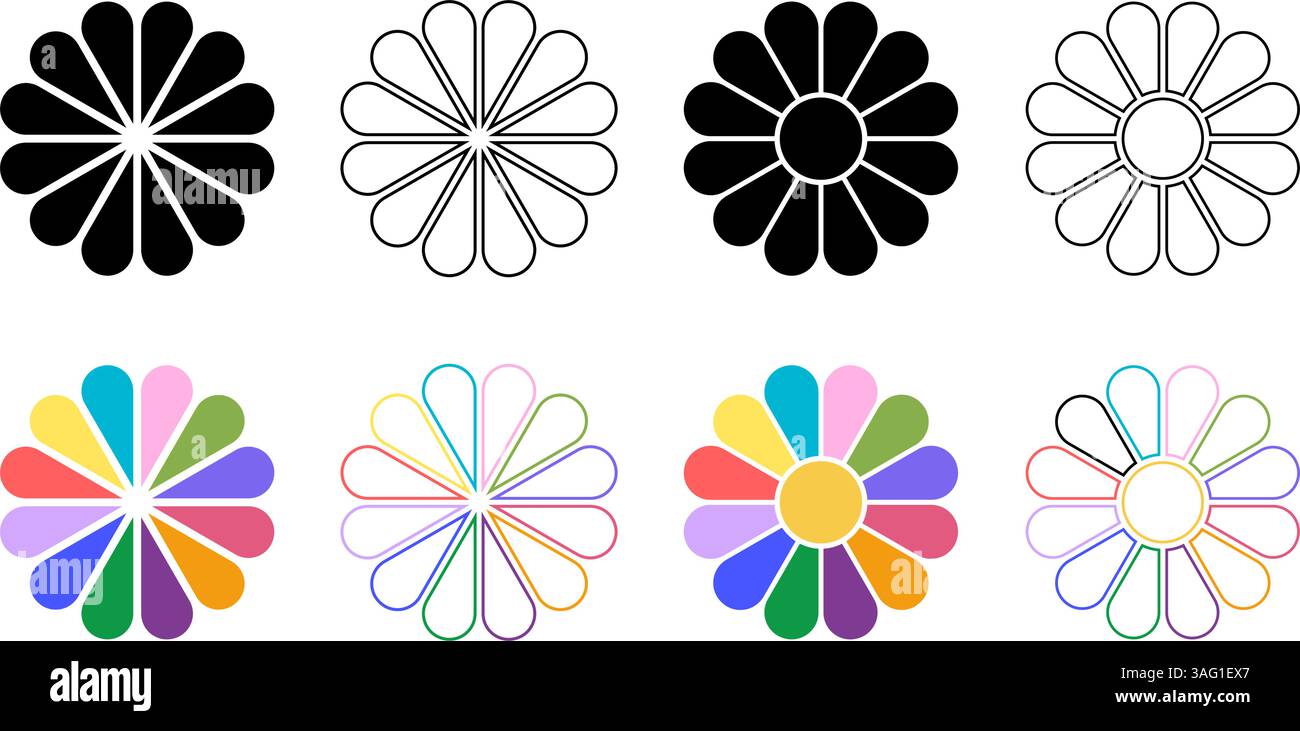 Daisy or gerbera silhouettes. Flower diagrams with 12 petals and core. Floral pie charts divided on equal segments in leaf shapes isolated on white background. Vector illustration. Stock Vector