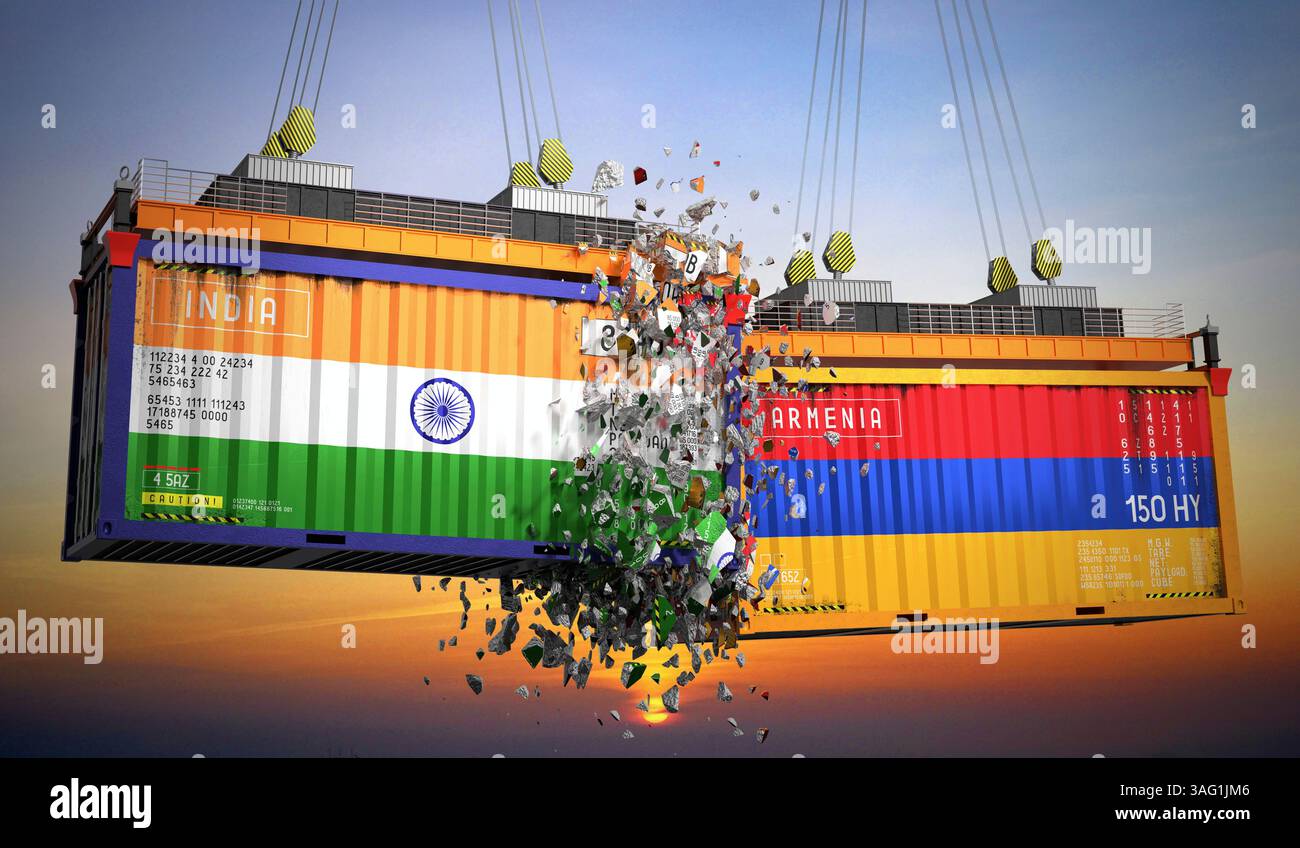 Cargo containers with flags of India and Armenia - 3D illustration ...