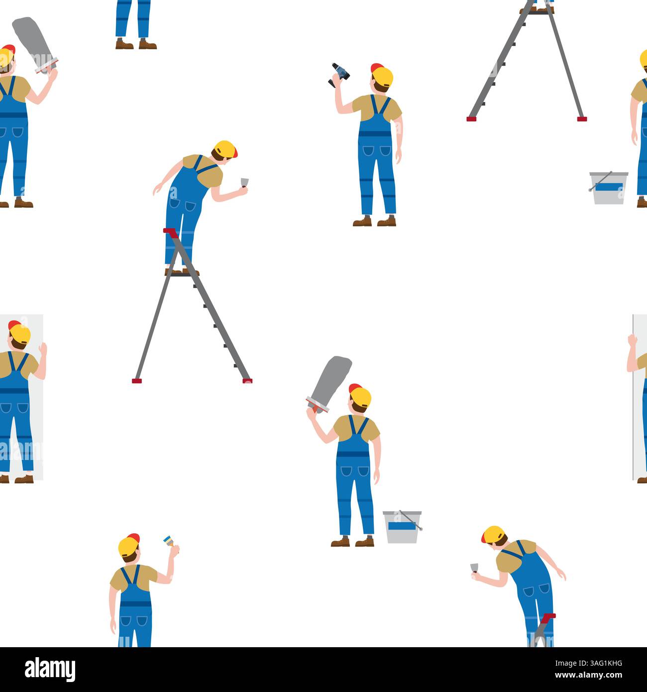 Seamless pattern construction workers uniforms repair on construction site Stock Vector