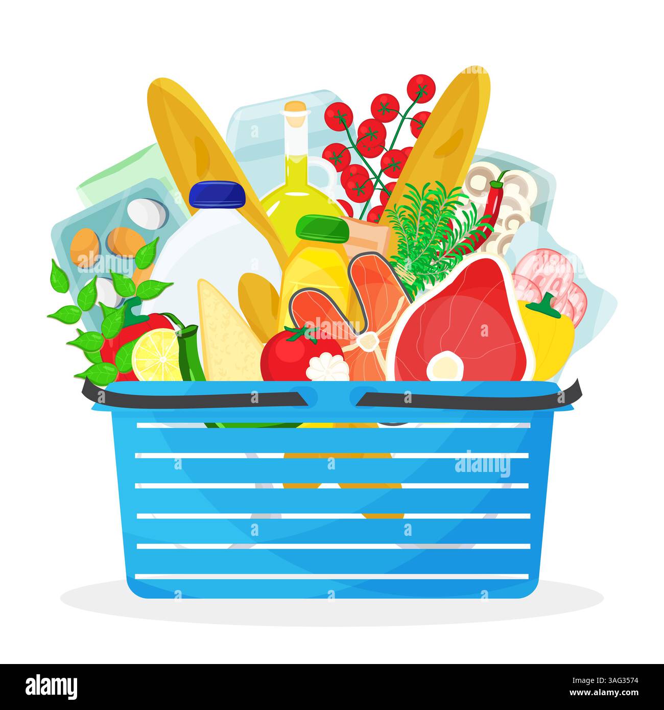 Shopping and eating. Vector illustration of blue shopping basket full of food and drink grocery products, including dairy, meat and fish, bread and ve Stock Vector