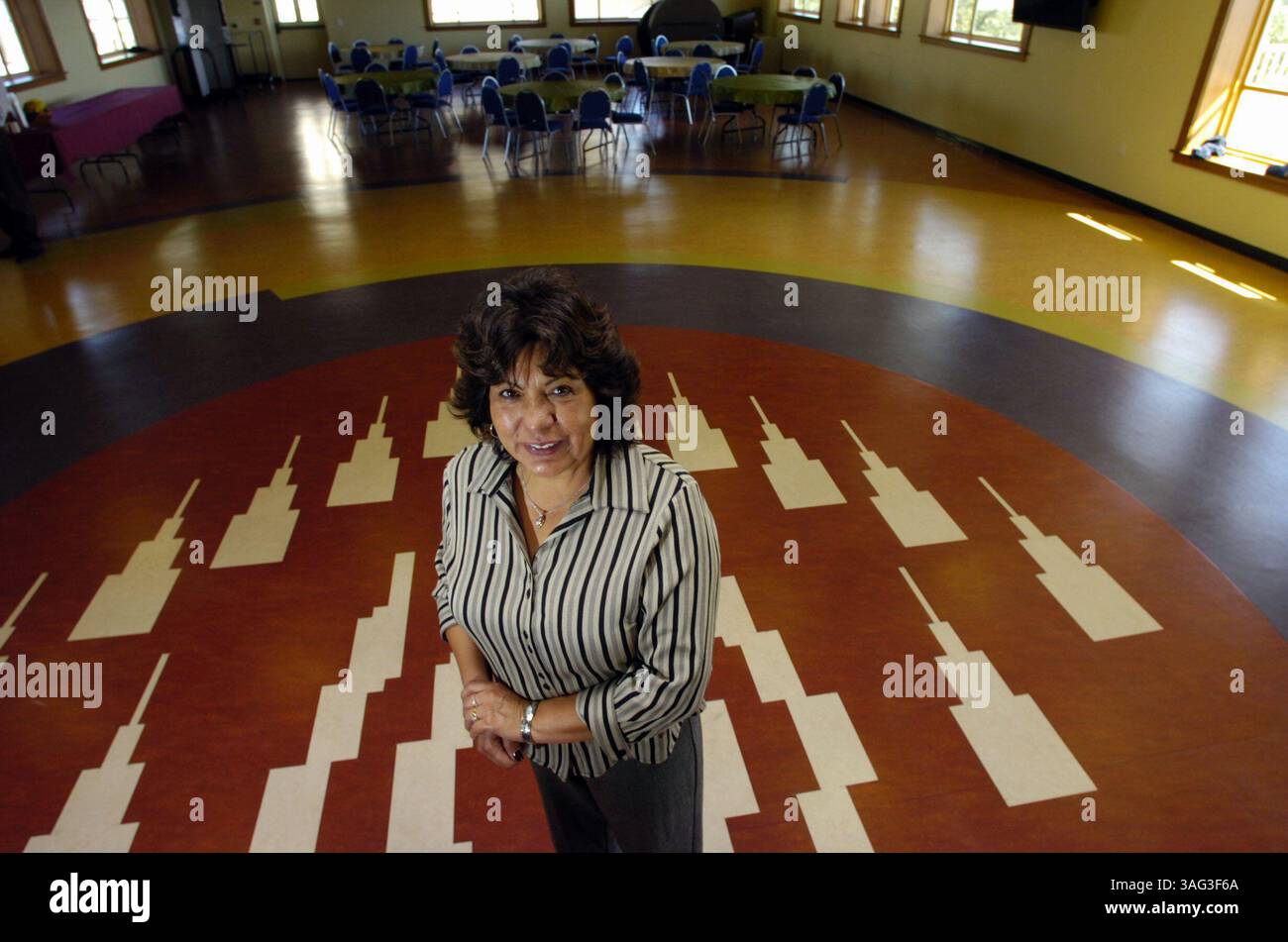 LEDE Jessica Tavares, the chairwoman of the United Auburn Indian Community, who owns Thunder Valley Casino, stands in the middle of the symbol of the tribe, at bear paw, embedded in the floor in the multi-purpose room at the newly built school in Auburn, Wednesday, September 27, 2007.Sacramento Bee/ Lezlie Sterling (Credit Image: Sacramento Bee/ZUMAPRESS.com) Stock Photo