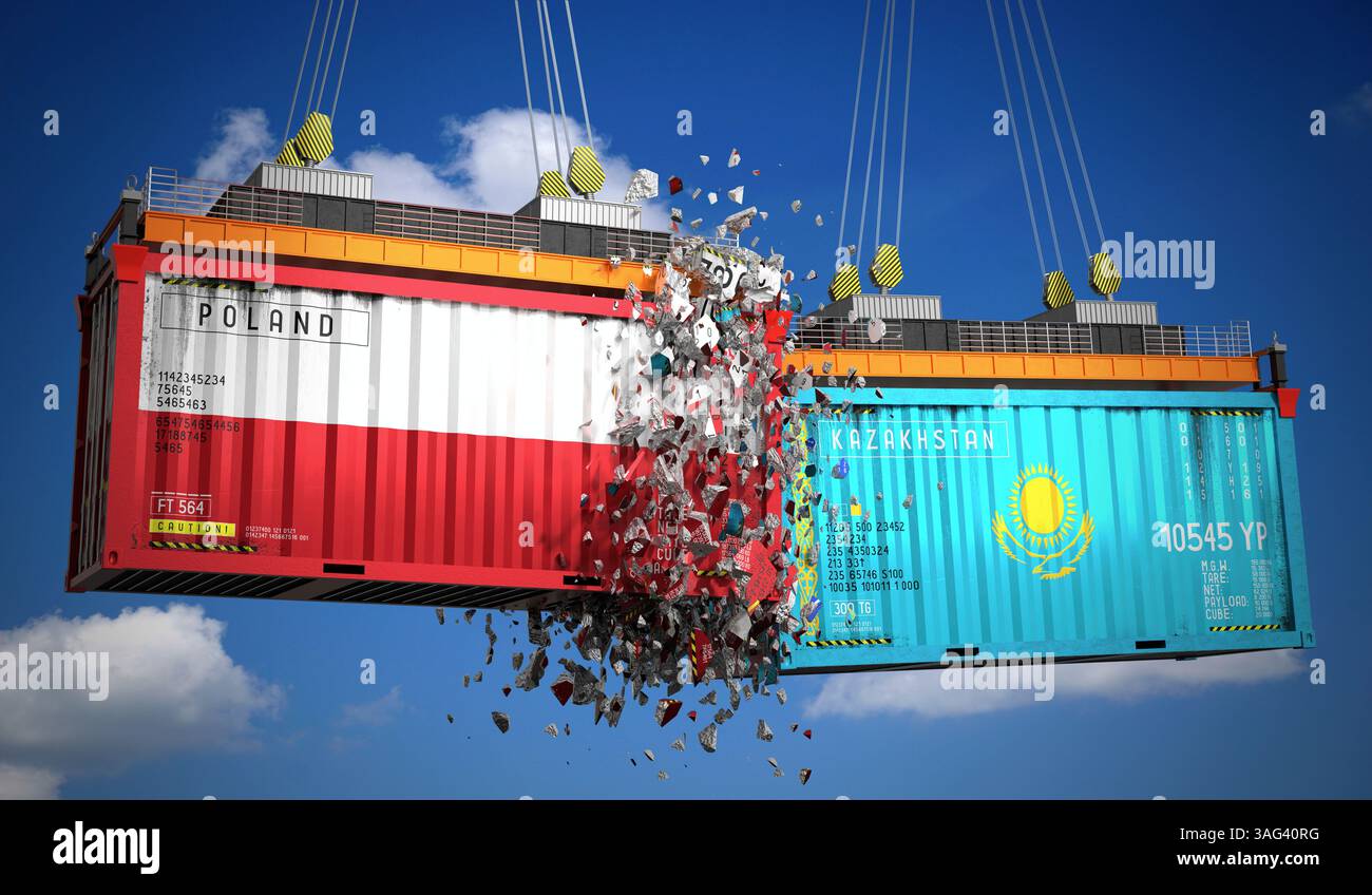 Cargo containers with flags of Poland and Kazakhstan - 3D illustration ...