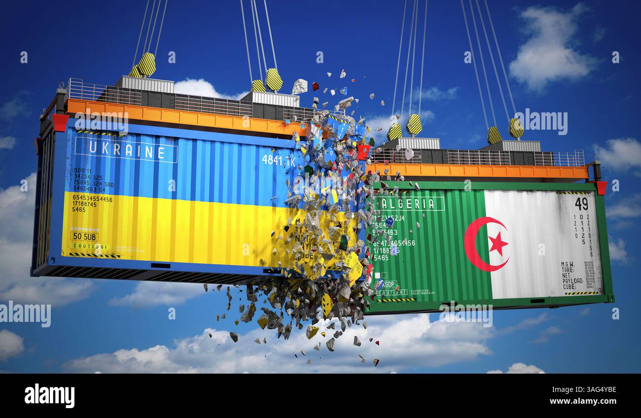 Cargo containers with flags of Ukraine and Algeria - 3D illustration ...