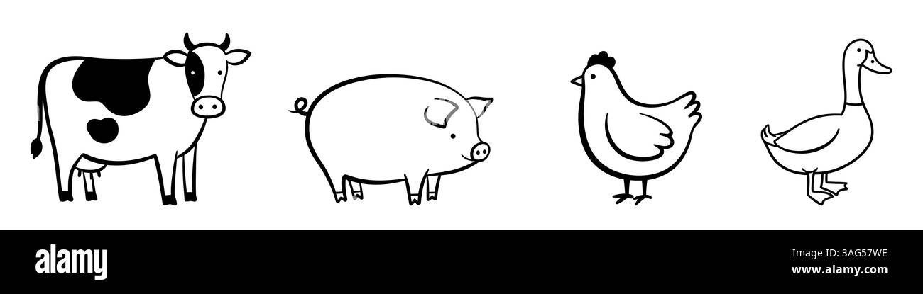 Farm animals icons. Black outline style farm animals icons isolated on ...