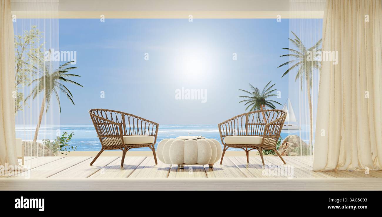 Beachfront view with elegant seating arrangement, 3D render ...
