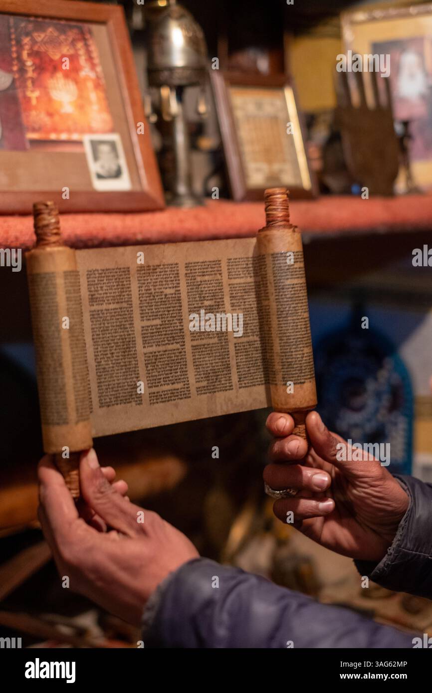 Torah scroll at Jewish synagogue in Ouarzazate, Morocco, historic trading outpost at gateway to Sahara, now a museum of Berber and Jewish artifacts Stock Photo
