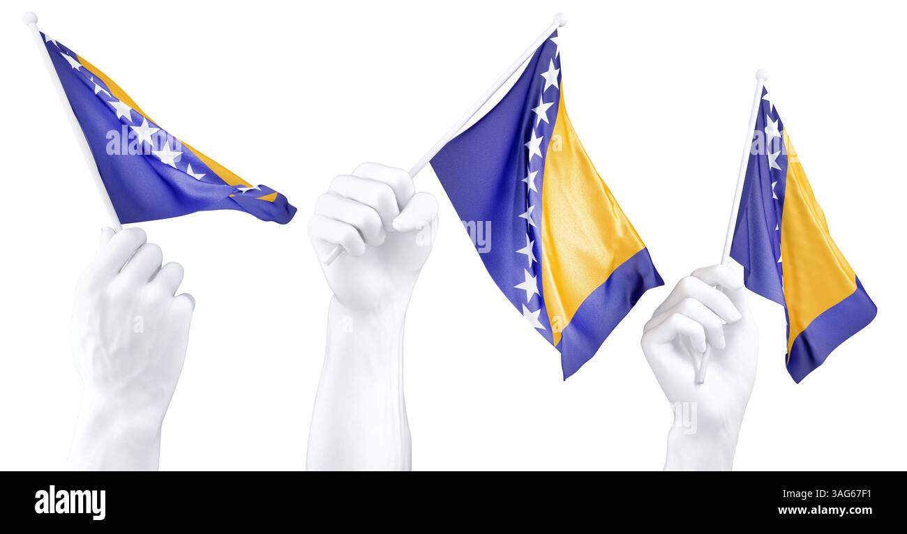 Hand holding flag of Bosnia and Herzegovina. Isolated 3d Rendering Stock Photo