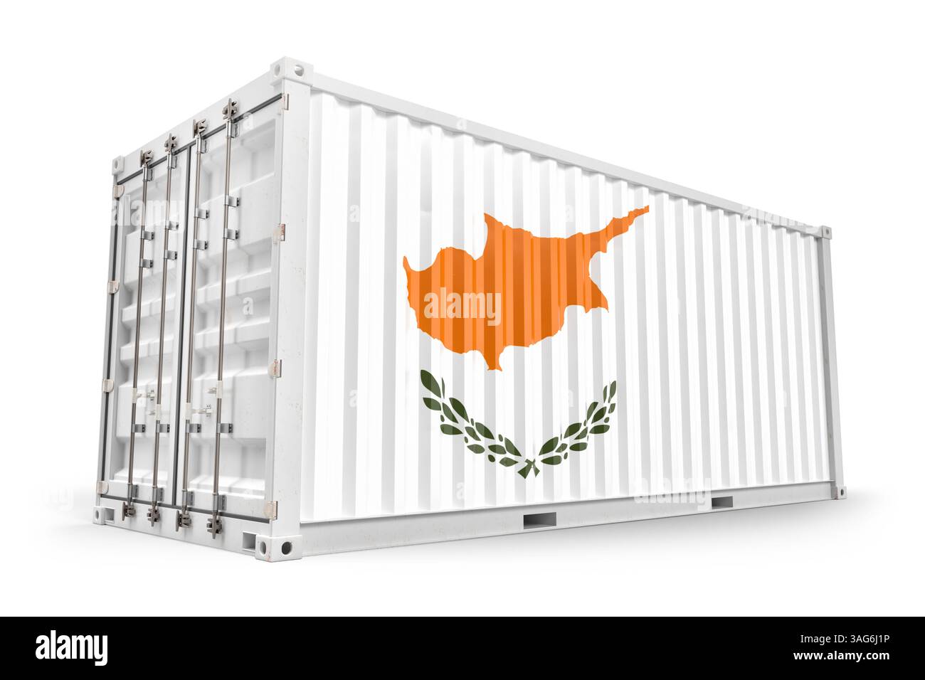 Cargo container adorned with the Cyprus flag, representing global trade dynamics in import, export, and logistics operations. 3d Rendering Stock Photo