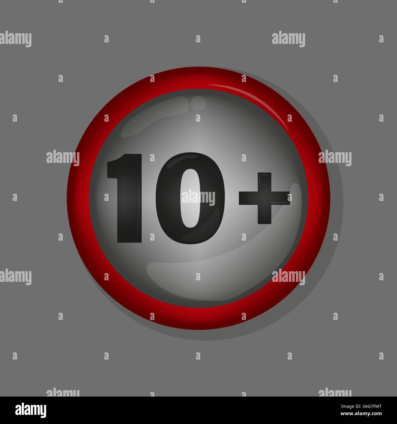 Red circle badge. 10 plus notice. Metallic gray background. Vector ...