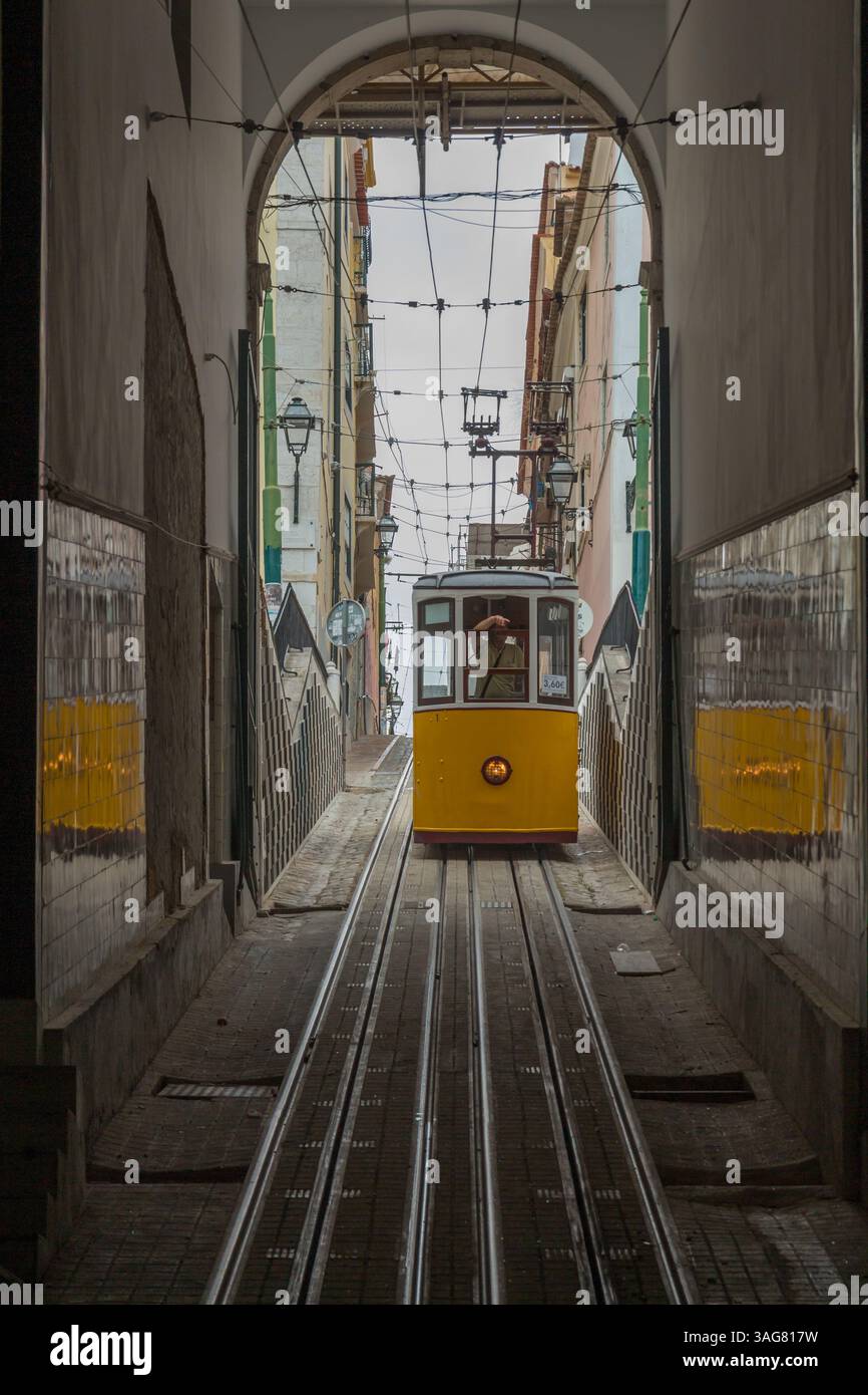 The iconic yellow Bica funicular in Lisbon, Portugal, ascends a steep ...