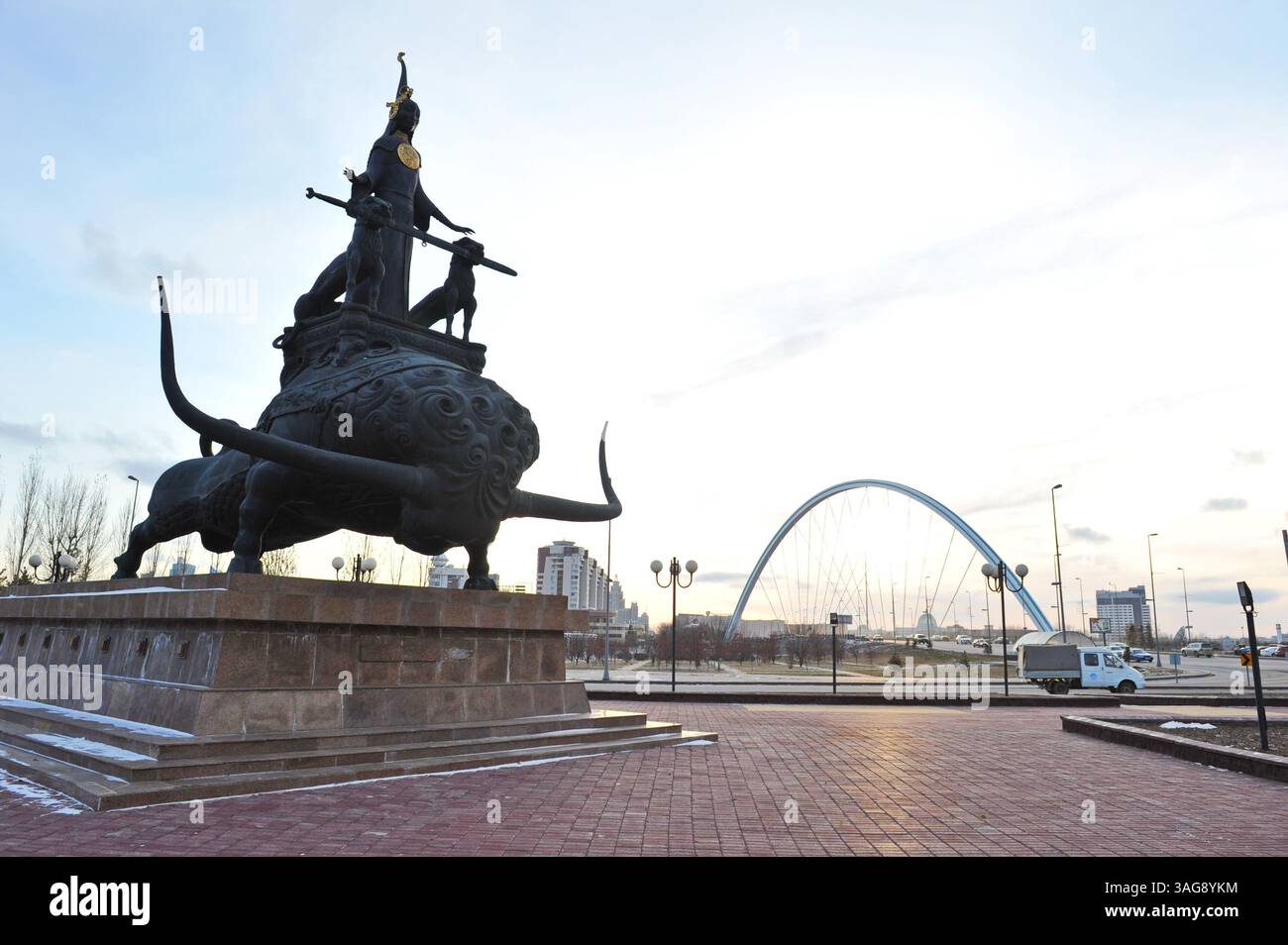 Tomiris Monument in the center of the capital: the Saka Queen Tomiris and two ...