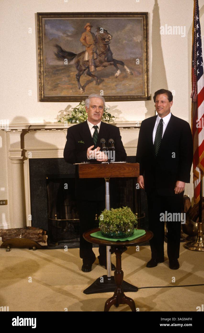 March 17, 1997 - Washington, DC, USA - Irish Prime Minister John Bruton presents Vice President Al Gore the traditional St. Patrick's Day bowl of shamrocks at the White House March 17, 1997 in Washington, DC. (Credit Image: © Richard Ellis/ZUMAPRESS.com) Stock Photo