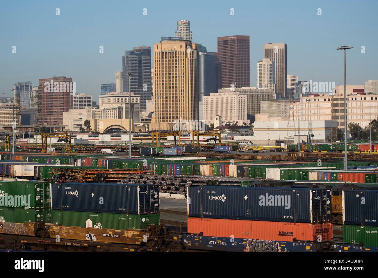 Shipping containers are seen near downtown Los Angeles, Tuesday, April ...