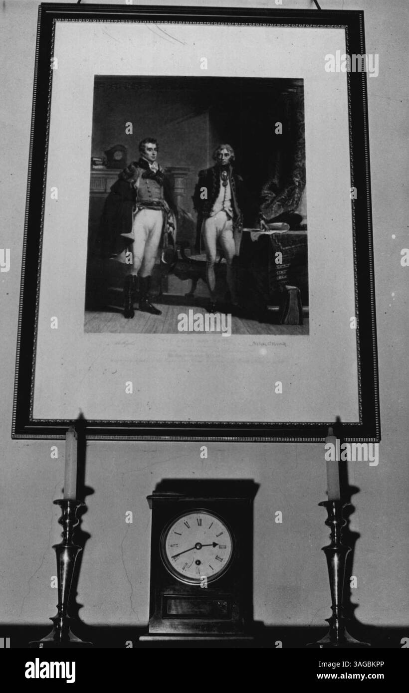 The Colonial Office - The engraving of a painting illustrating this famous meeting of Nelson and Wellington in front of the fire-place which is now in Lord Cranborne's room in the Colonial Office. April 10, 1951. Stock Photo