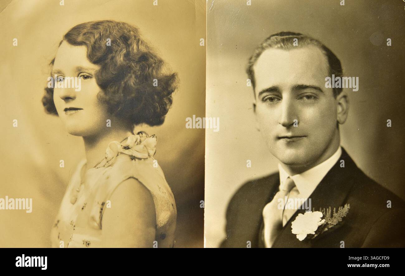 Two old, vintage black and white photographic prints: a portrait photo ...