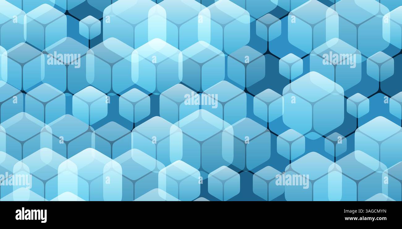 A geometric pattern of intersecting transparent cubes of various random sizes, featuring subtle blue and white gradients. The 3D effect adds depth, cr Stock Vector