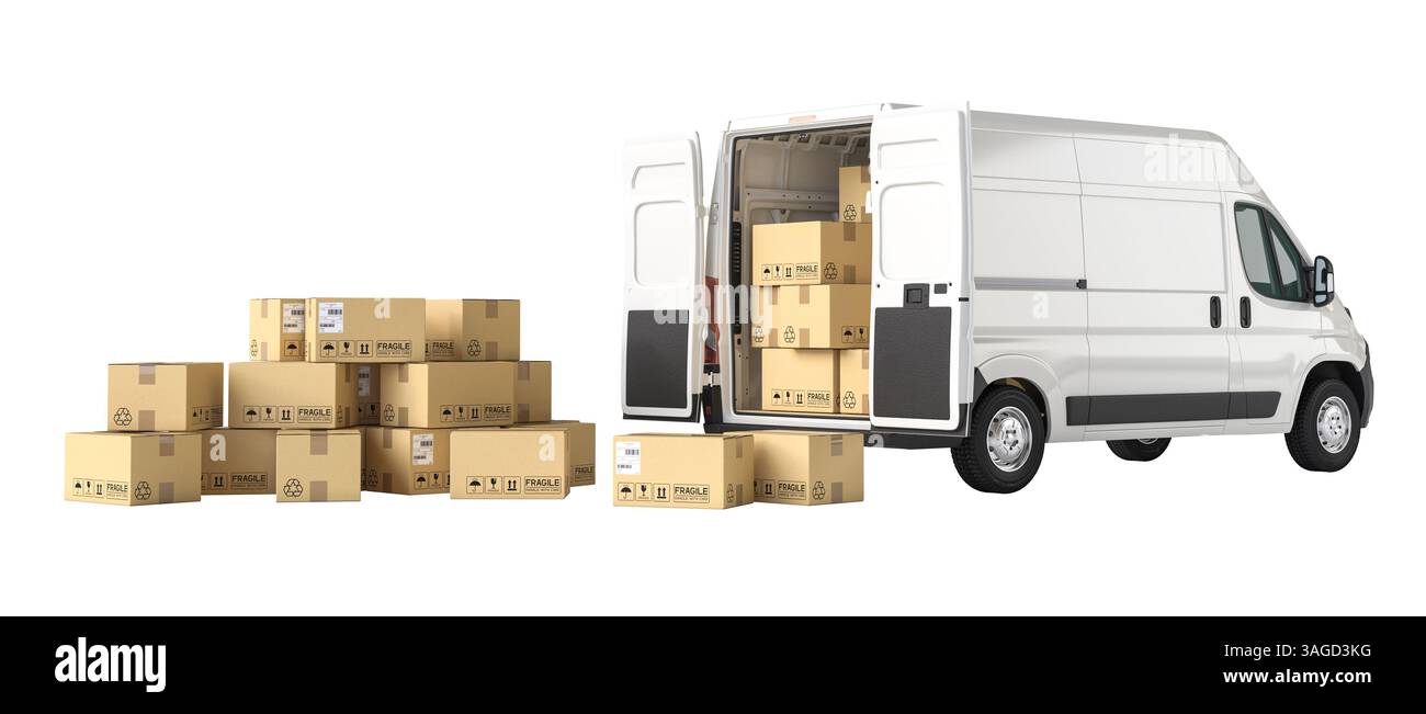 White delivery van cardboard boxes on transparent background 3d Stock Photo