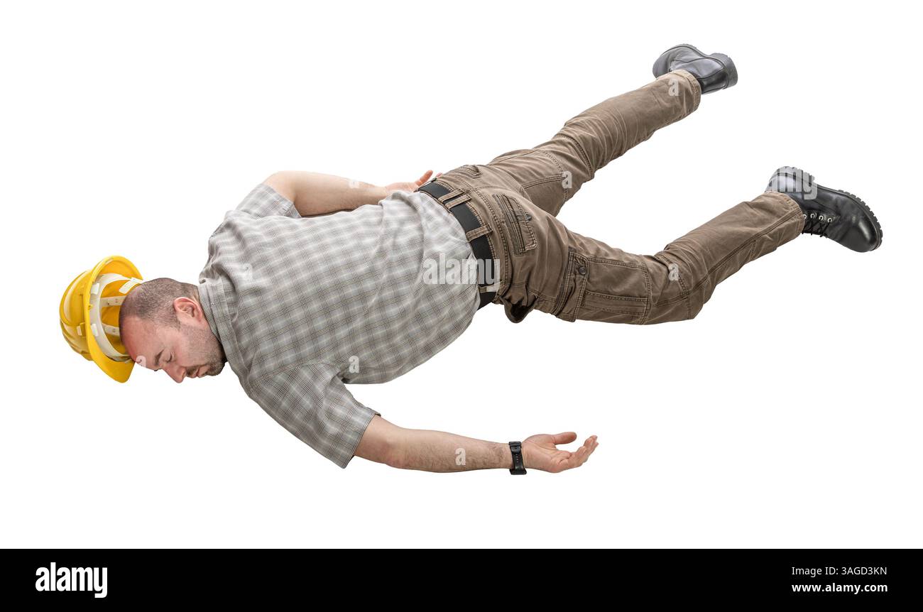 Construction worker lying down workplace accident isolated Stock Photo