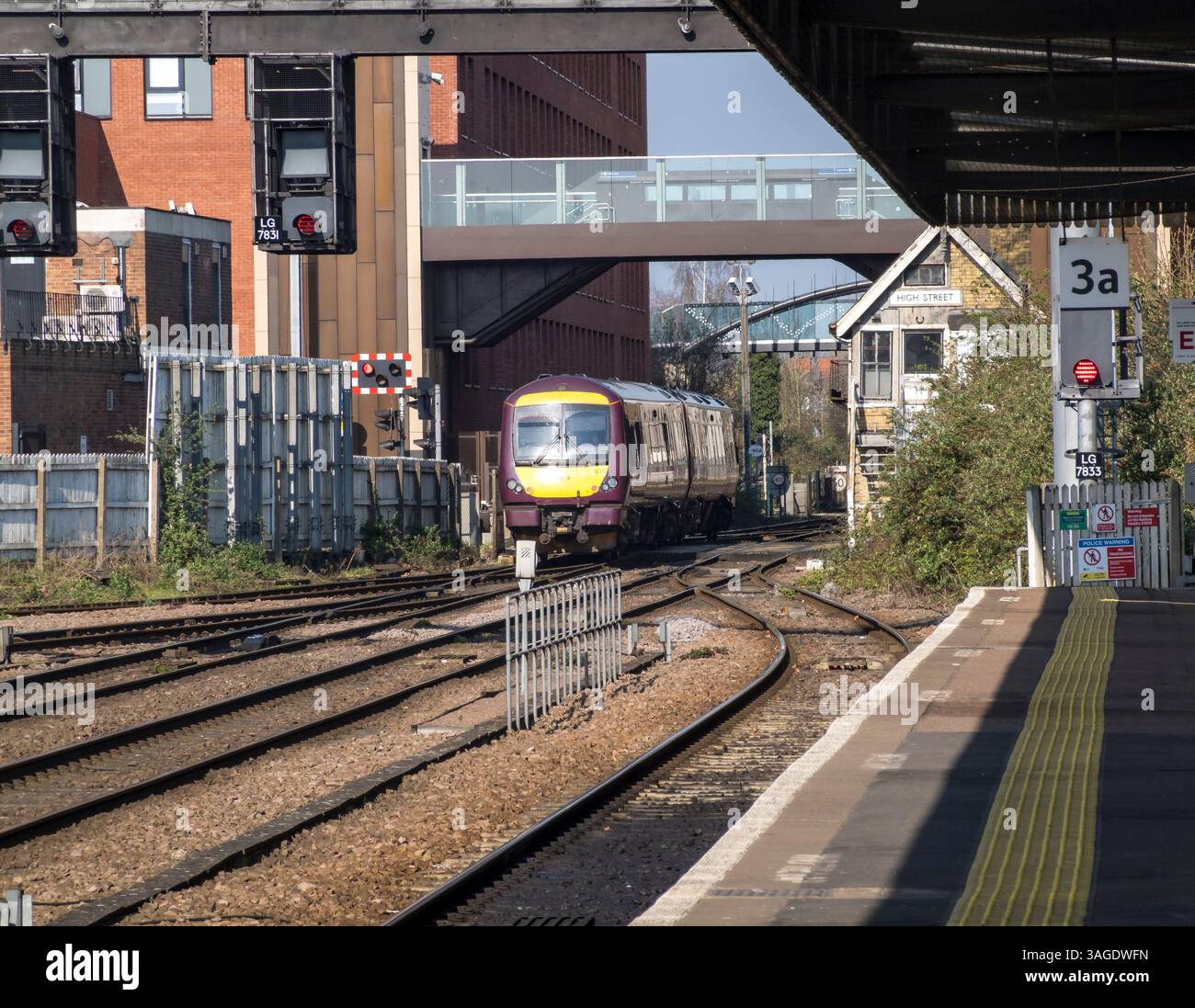 East Midlands Railway train leaving Lincoln station Stock Photo