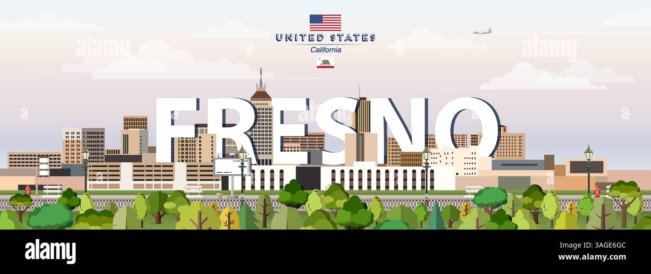 Fresno city skyline colorful vector illustration. Travel poster Stock