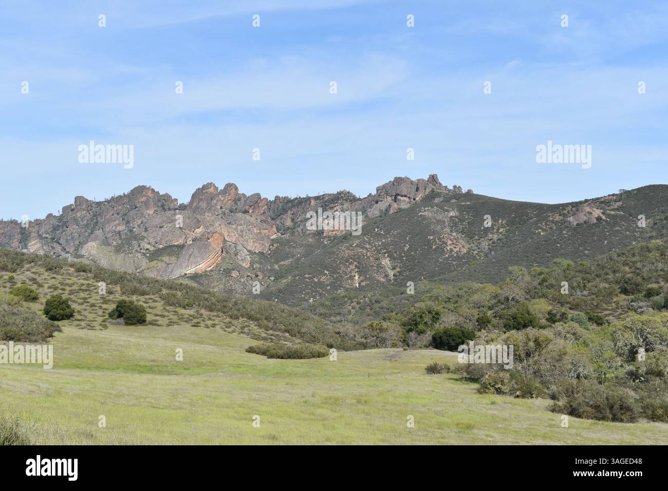 Pinnacles National Park, California, protects unique geological formations and diverse ecosystems. Dominated by towering rock spires and talus caves, - Stock Image