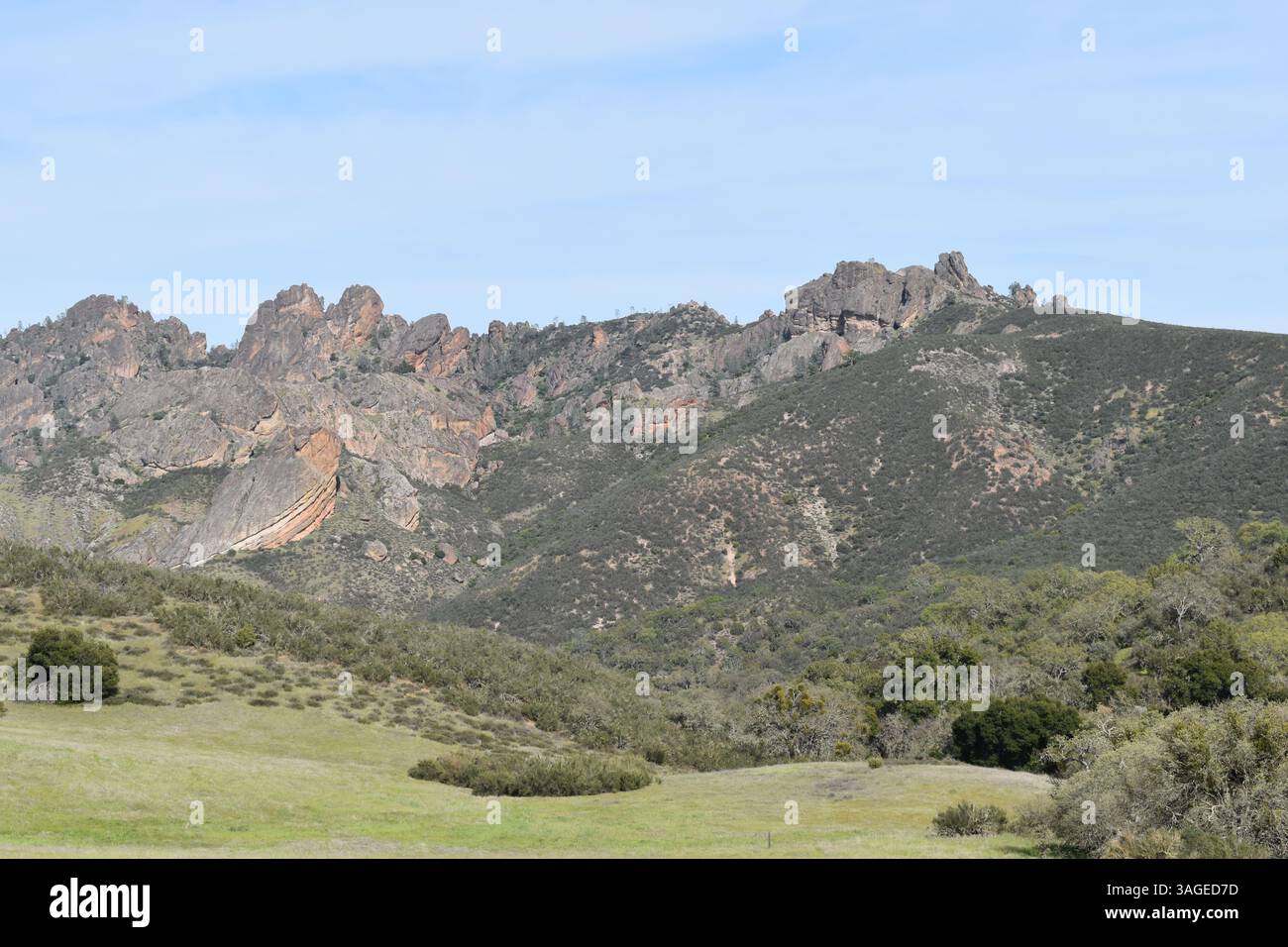 Pinnacles National Park, California, protects unique geological formations and diverse ecosystems. Dominated by towering rock spires and talus caves, - Stock Image