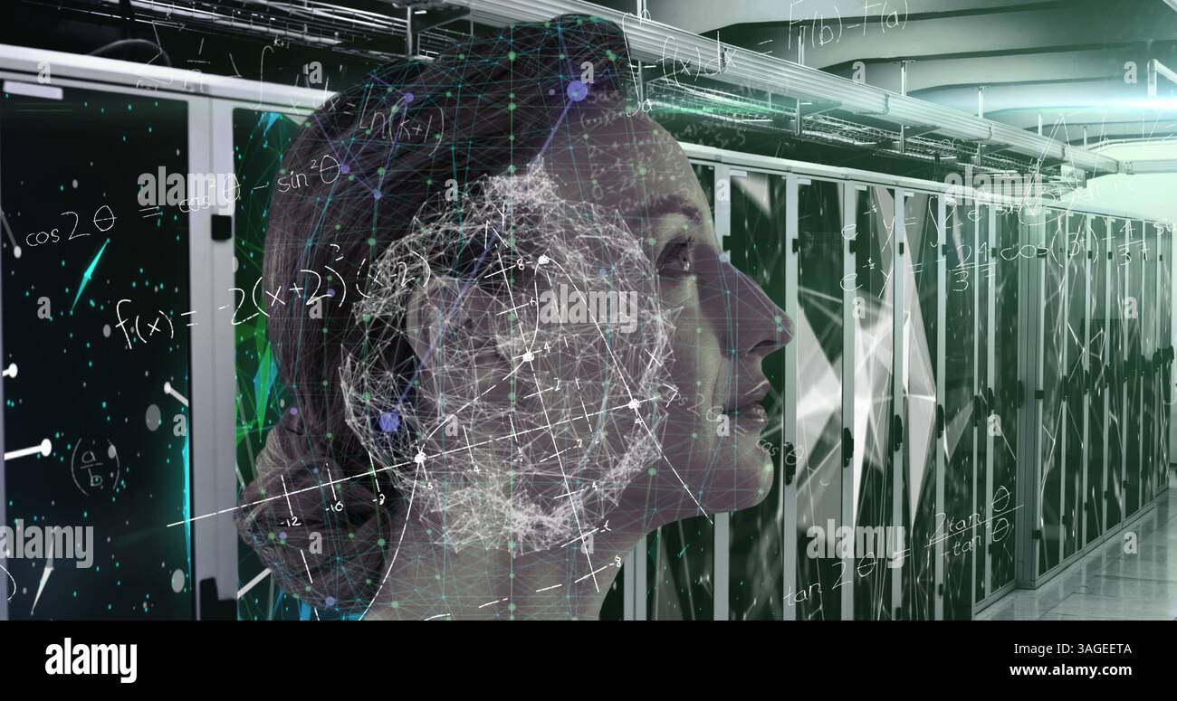Image of handwritten equations, molecules, 3d model, data and digital interface moving over profile Stock Photo
